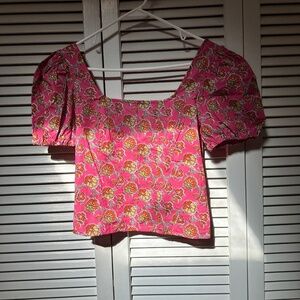 J. Crew Collection Ratti Italy Cotton Puff Sleeve Cropped Back Zipper Blouse